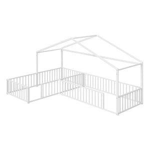 English Elm Double Twin L-shaped Metal House Bed Corner Floor Frame with Fence for Kids White N701P322273K