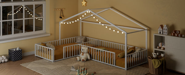 English Elm Double Twin L-shaped Metal House Bed Corner Floor Frame with Fence for Kids White N701P322273K