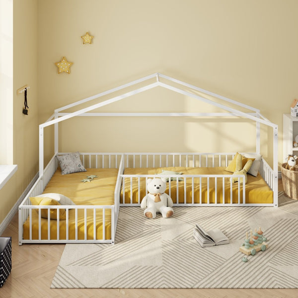 English Elm Double Twin L-shaped Metal House Bed Corner Floor Frame with Fence for Kids White N701P322273K