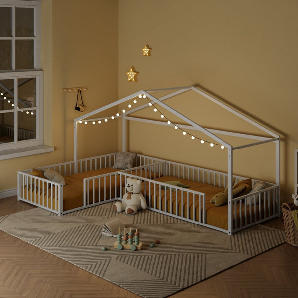 English Elm Double Twin L-shaped Metal House Bed Corner Floor Frame with Fence for Kids White N701P322273K
