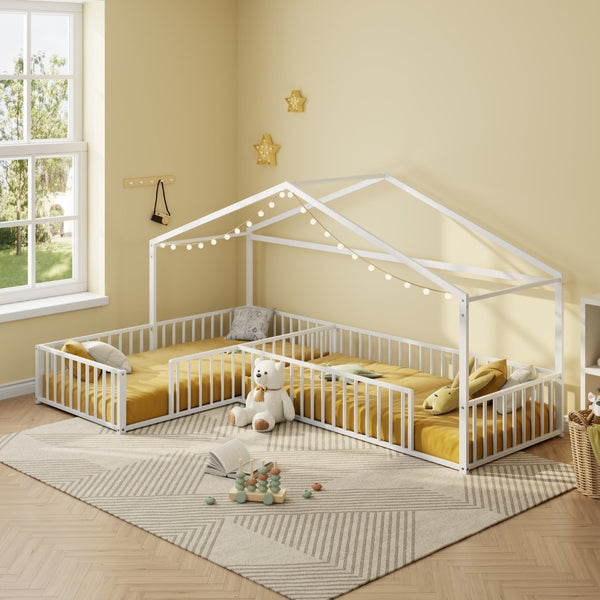 English Elm Double Twin L-shaped Metal House Bed Corner Floor Frame with Fence for Kids White N701P322273K