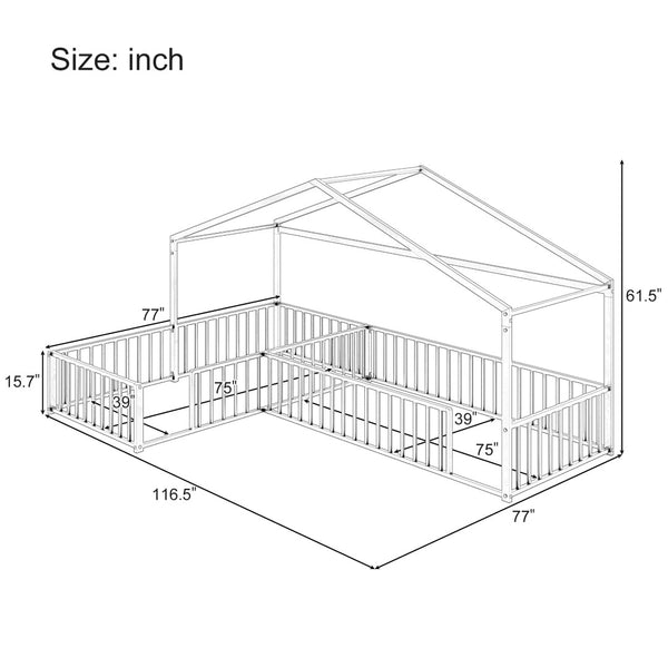 English Elm Double Twin L-shaped Metal House Bed Corner Floor Frame with Fence for Kids White N701P322273K