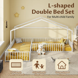 English Elm Double Twin L-shaped Metal House Bed Corner Floor Frame with Fence for Kids White N701P322273K