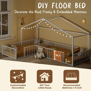 English Elm Double Twin L-shaped Metal House Bed Corner Floor Frame with Fence for Kids White N701P322273K