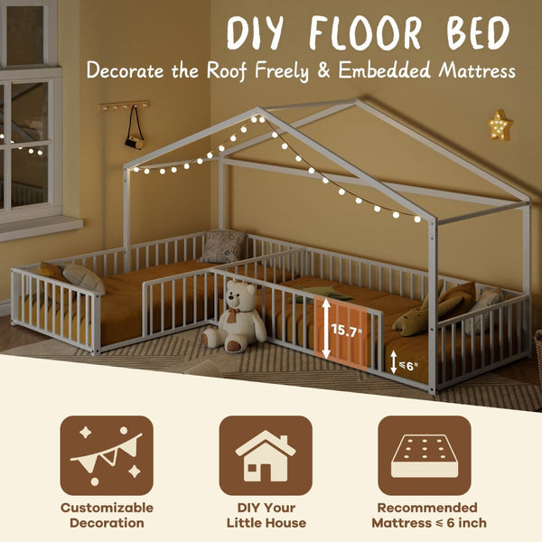 English Elm Double Twin L-shaped Metal House Bed Corner Floor Frame with Fence for Kids White N701P322273K