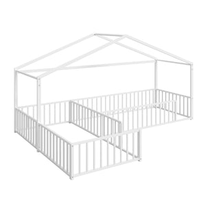English Elm Double Twin L-shaped Metal House Bed Corner Floor Frame with Fence for Kids White N701P322273K