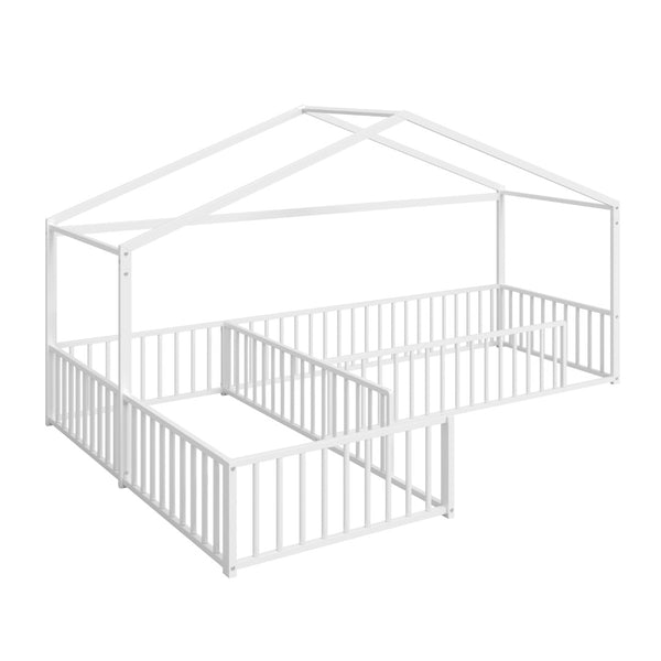 English Elm Double Twin L-shaped Metal House Bed Corner Floor Frame with Fence for Kids White N701P322273K