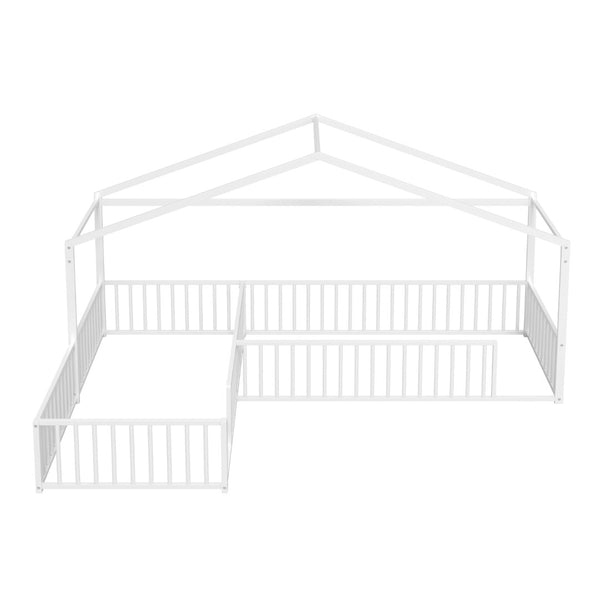 English Elm Double Twin L-shaped Metal House Bed Corner Floor Frame with Fence for Kids White N701P322273K