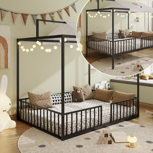 English Elm 3-In-1 Convertible Montessori Metal House Bed Grows From Toddler Floor to Teen Platform Black N701P322274B