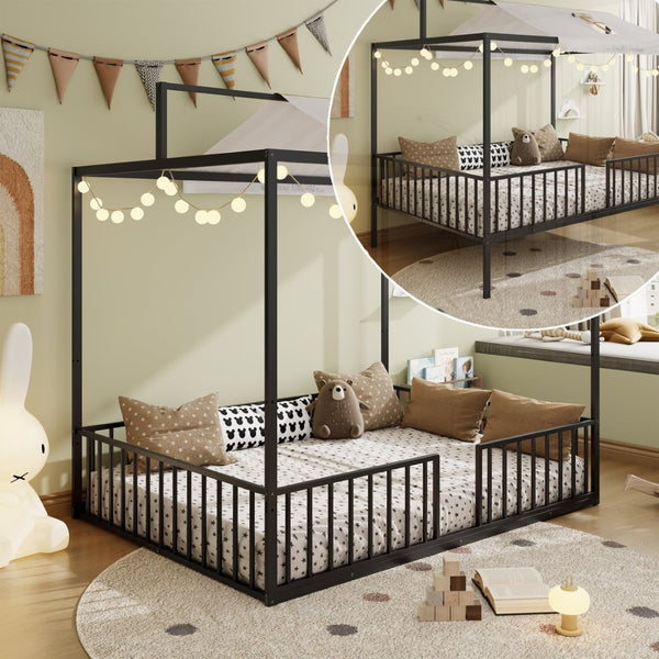 English Elm 3-In-1 Convertible Montessori Metal House Bed Grows From Toddler Floor to Teen Platform Black N701P322274B