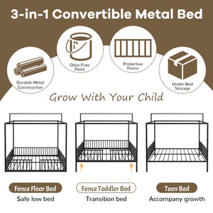 English Elm 3-In-1 Convertible Montessori Metal House Bed Grows From Toddler Floor to Teen Platform Black N701P322274B