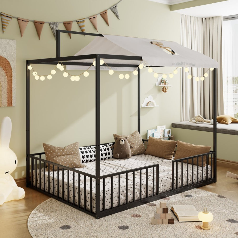 English Elm 3-In-1 Convertible Montessori Metal House Bed Grows From Toddler Floor to Teen Platform Black N701P322274B