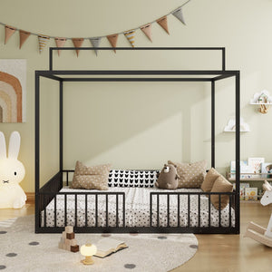 English Elm 3-In-1 Convertible Montessori Metal House Bed Grows From Toddler Floor to Teen Platform Black N701P322274B