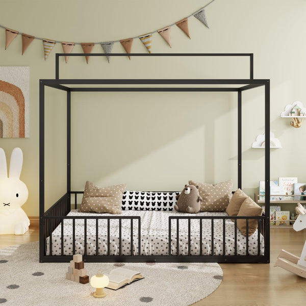 English Elm 3-In-1 Convertible Montessori Metal House Bed Grows From Toddler Floor to Teen Platform Black N701P322274B