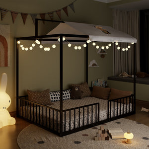English Elm 3-In-1 Convertible Montessori Metal House Bed Grows From Toddler Floor to Teen Platform Black N701P322274B