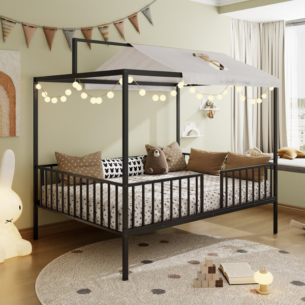 English Elm 3-In-1 Convertible Montessori Metal House Bed Grows From Toddler Floor to Teen Platform Black N701P322274B