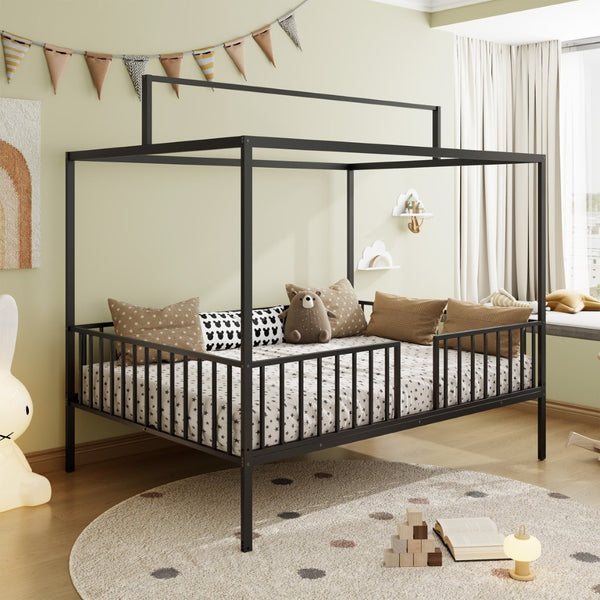 English Elm 3-In-1 Convertible Montessori Metal House Bed Grows From Toddler Floor to Teen Platform Black N701P322274B