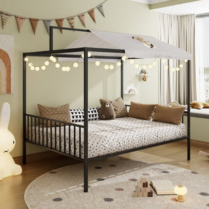 English Elm 3-In-1 Convertible Montessori Metal House Bed Grows From Toddler Floor to Teen Platform Black N701P322274B
