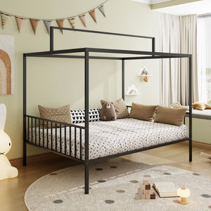 English Elm 3-In-1 Convertible Montessori Metal House Bed Grows From Toddler Floor to Teen Platform Black N701P322274B