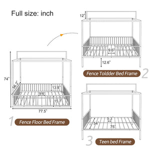 English Elm 3-In-1 Convertible Montessori Metal House Bed Grows From Toddler Floor to Teen Platform Black N701P322274B