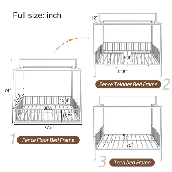 English Elm 3-In-1 Convertible Montessori Metal House Bed Grows From Toddler Floor to Teen Platform Black N701P322274B