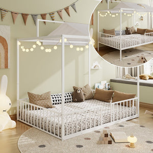 English Elm 3-In-1 Convertible Montessori Metal House Bed Grows From Toddler Floor to Teen Platform White N701P322274K