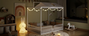 English Elm 3-In-1 Convertible Montessori Metal House Bed Grows From Toddler Floor to Teen Platform White N701P322274K