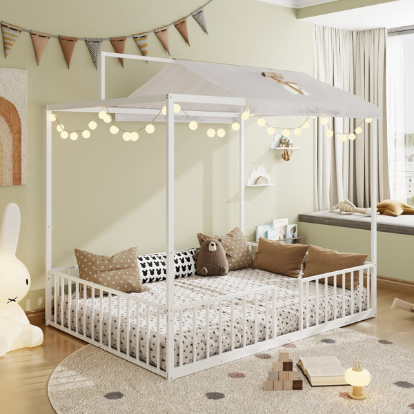 English Elm 3-In-1 Convertible Montessori Metal House Bed Grows From Toddler Floor to Teen Platform White N701P322274K