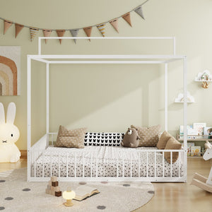 English Elm 3-In-1 Convertible Montessori Metal House Bed Grows From Toddler Floor to Teen Platform White N701P322274K
