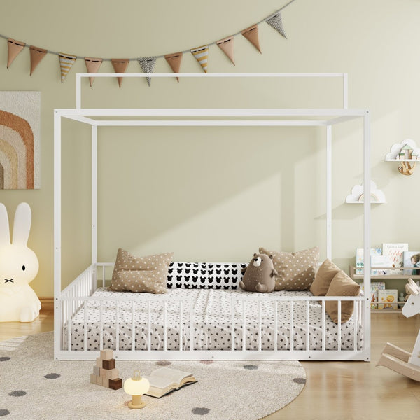 English Elm 3-In-1 Convertible Montessori Metal House Bed Grows From Toddler Floor to Teen Platform White N701P322274K