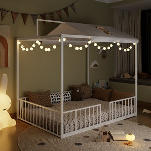 English Elm 3-In-1 Convertible Montessori Metal House Bed Grows From Toddler Floor to Teen Platform White N701P322274K