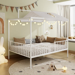 English Elm 3-In-1 Convertible Montessori Metal House Bed Grows From Toddler Floor to Teen Platform White N701P322274K