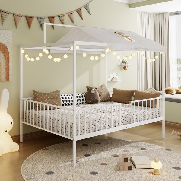 English Elm 3-In-1 Convertible Montessori Metal House Bed Grows From Toddler Floor to Teen Platform White N701P322274K