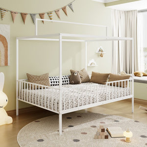 English Elm 3-In-1 Convertible Montessori Metal House Bed Grows From Toddler Floor to Teen Platform White N701P322274K