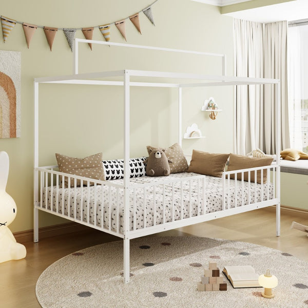 English Elm 3-In-1 Convertible Montessori Metal House Bed Grows From Toddler Floor to Teen Platform White N701P322274K