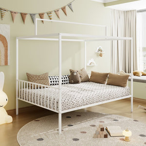 English Elm 3-In-1 Convertible Montessori Metal House Bed Grows From Toddler Floor to Teen Platform White N701P322274K