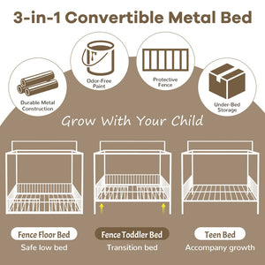 English Elm 3-In-1 Convertible Montessori Metal House Bed Grows From Toddler Floor to Teen Platform White N701P322274K