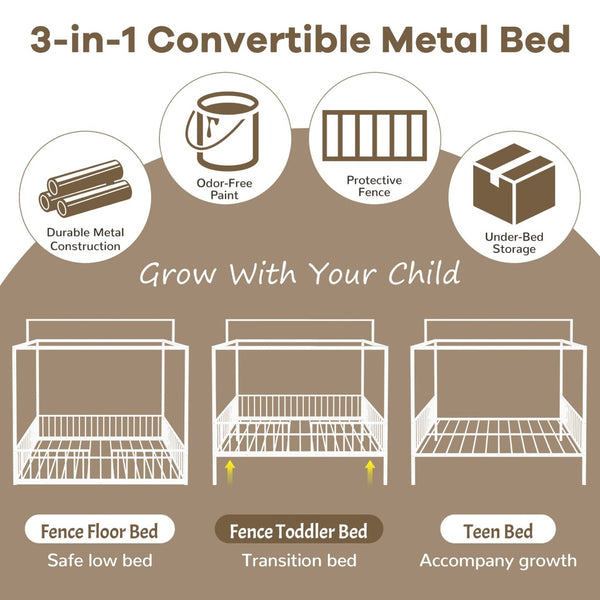 English Elm 3-In-1 Convertible Montessori Metal House Bed Grows From Toddler Floor to Teen Platform White N701P322274K