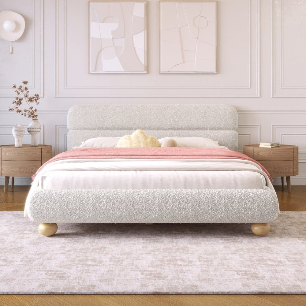 English Elm Contemporary Teddy Fleece Upholstered Queen Bed Low Profile Foam Padded Curved Frame N701P344021K