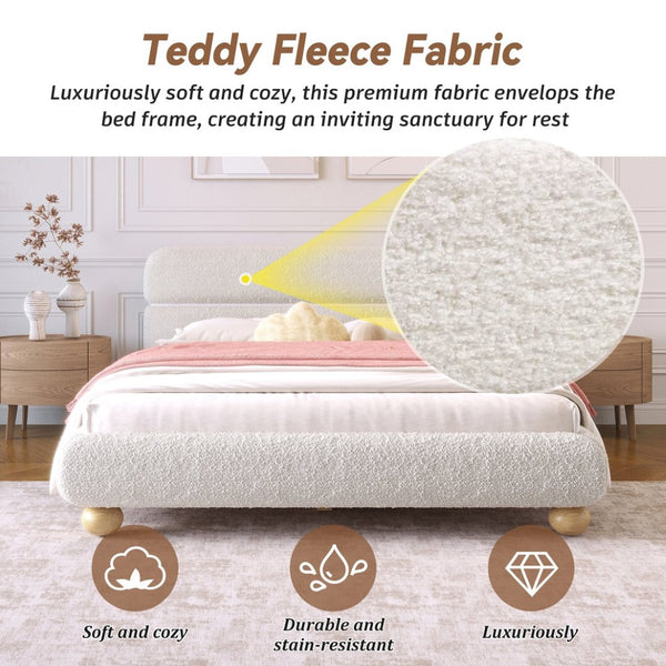English Elm Contemporary Teddy Fleece Upholstered Queen Bed Low Profile Foam Padded Curved Frame N701P344021K