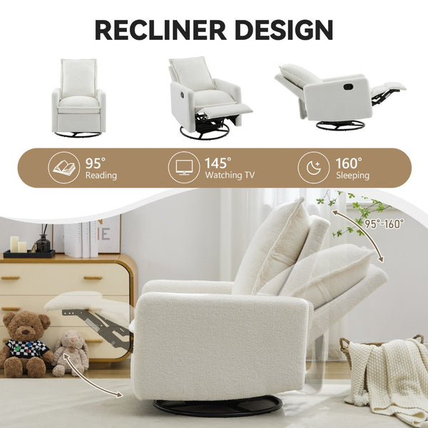 English Elm Swivel Glider Recliner with Teddy Fleece Upholstery for Nursery and Living Room White N701P348238K