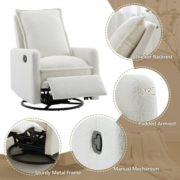English Elm Swivel Glider Recliner with Teddy Fleece Upholstery for Nursery and Living Room White N701P348238K