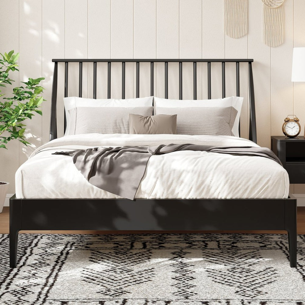 English Elm Solid Bamboo Spindle Queen Bed Tall Bohemian Headboard Platform Frame Wooden Slats Black N701P371274B