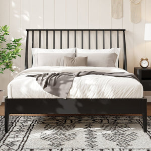 English Elm Solid Bamboo Spindle Queen Bed Tall Bohemian Headboard Platform Frame Wooden Slats Black N701P371274B