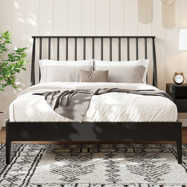 English Elm Solid Bamboo Spindle Queen Bed Tall Bohemian Headboard Platform Frame Wooden Slats Black N701P371274B
