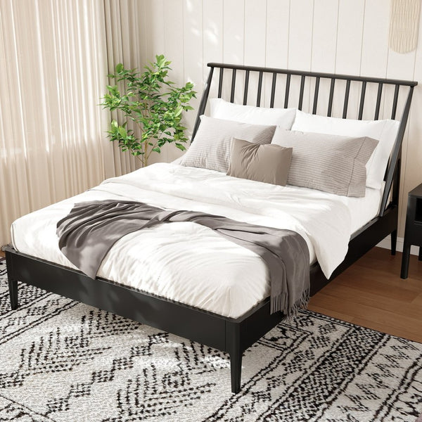 English Elm Solid Bamboo Spindle Queen Bed Tall Bohemian Headboard Platform Frame Wooden Slats Black N701P371274B