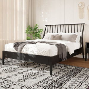 English Elm Solid Bamboo Spindle Queen Bed Tall Bohemian Headboard Platform Frame Wooden Slats Black N701P371274B