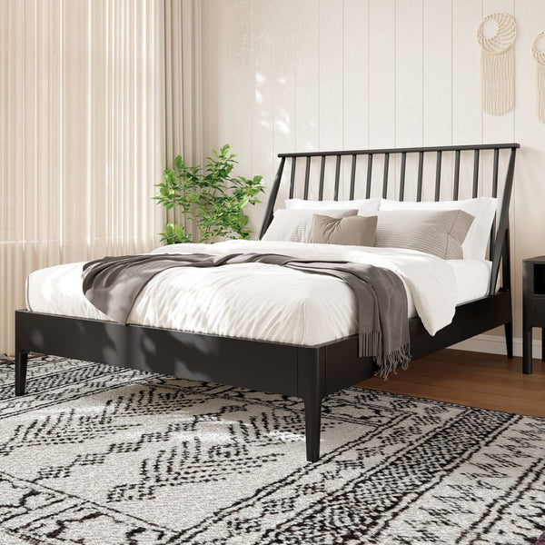 English Elm Solid Bamboo Spindle Queen Bed Tall Bohemian Headboard Platform Frame Wooden Slats Black N701P371274B