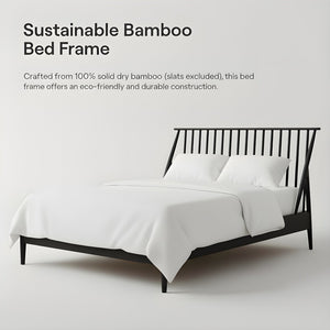 English Elm Solid Bamboo Spindle Queen Bed Tall Bohemian Headboard Platform Frame Wooden Slats Black N701P371274B