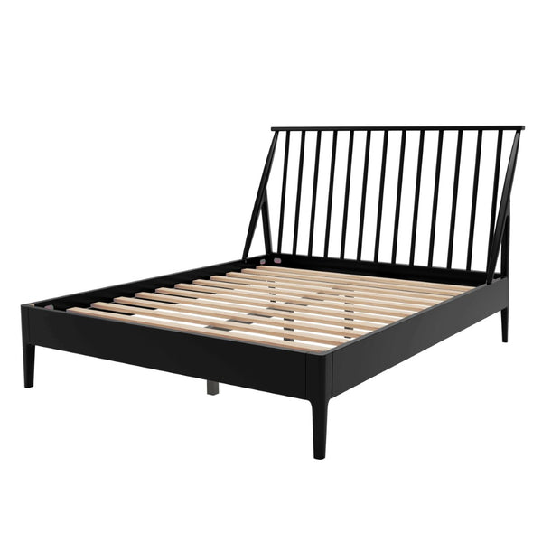 English Elm Solid Bamboo Spindle Queen Bed Tall Bohemian Headboard Platform Frame Wooden Slats Black N701P371274B